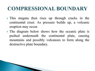  This magma then rises up through cracks in the
continental crust. As pressure builds up, a volcanic
eruption may occur.
 The diagram below shows how the oceanic plate is
pushed underneath the continental plate, causing
mountains and possibly volcanoes to form along the
destructive plate boundary.
 