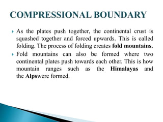 As the plates push together, the continental crust is
squashed together and forced upwards. This is called
folding. The process of folding creates fold mountains.
 Fold mountains can also be formed where two
continental plates push towards each other. This is how
mountain ranges such as the Himalayas and
the Alpswere formed.
 