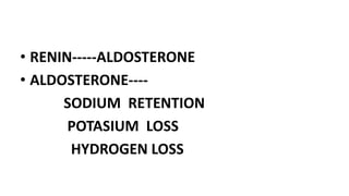 • RENIN-----ALDOSTERONE
• ALDOSTERONE----
SODIUM RETENTION
POTASIUM LOSS
HYDROGEN LOSS
 