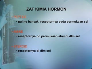 • PEPTIDE
• AMINE
• STEROID
• paling banyak, reseptornya pada permukaan sel
• reseptornya pd permukaan atau di dlm sel
• reseptornya di dlm sel
ZAT KIMIA HORMON
 