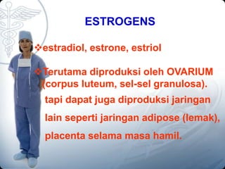 ESTROGENS
estradiol, estrone, estriol
Terutama diproduksi oleh OVARIUM
(corpus luteum, sel-sel granulosa).
tapi dapat juga diproduksi jaringan
lain seperti jaringan adipose (lemak),
placenta selama masa hamil.
 