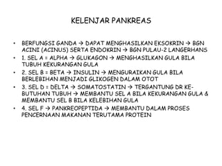 KELENJAR PANKREAS
• BERFUNGSI GANDA  DAPAT MENGHASILKAN EKSOKRIN  BGN
ACINI (ACINUS) SERTA ENDOKRIN  BGN PULAU-2 LANGERHANS
• 1. SEL A = ALPHA  GLUKAGON  MENGHASILKAN GULA BILA
TUBUH KEKURANGAN GULA
• 2. SEL B = BETA  INSULIN  MENGURAIKAN GULA BILA
BERLEBIHAN MENJADI GLIKOGEN DALAM OTOT
• 3. SEL D = DELTA  SOMATOSTATIN  TERGANTUNG DR KE-
BUTUHAN TUBUH  MEMBANTU SEL A BILA KEKURANGAN GULA &
MEMBANTU SEL B BILA KELEBIHAN GULA
• 4. SEL F  PANKREOPEPTIDA  MEMBANTU DALAM PROSES
PENCERNAAN MAKANAN TERUTAMA PROTEIN
 