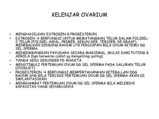 KELENJAR OVARIUM
• MENGHASILKAN ESTROGEN & PROGESTERON
• ESTROGEN  BERFUNGSI UNTUK MEMATANGKAN TELUR DALAM FOLIKEL-
2 TELUR (FOLIKEL AWAL, PRIMER, SEKUN-DER, TERSIER, DE GRAAF),
MENEBALKAN DINDING RAHIM UTK PERSIAPAN BILA OVUM KETEMU DG
SEL SPERMA
• MENGEMBANGKAN PAYUDARA SECARA MAKSIMAL, MULAI DARI PUTING &
AEROLA (bgn berwarna coklat yg mengelilingi puting)
• TANDA SEKS SEKUNDER PD WANITA
• MENSTIMULI PERTEMUAN OVUM DG SEL SPERMA PADA SALURAN TELUR
(OVIDUCT)
• PROGESTERON  BERFUNGSI MEMPERTAHANKAN KETEBA-LAN DDG
RAHIM SHG BILA TERJADI PERTEMUAN OVUM DG SEL SPERMA AKAN DI
IMPLANTASIKAN
• MENGHAMBAT PERTEMUAN OVUM DG SEL SPERMA BILA MELEBIHI
KAPASITAS YANG SEHARUSNYA
 
