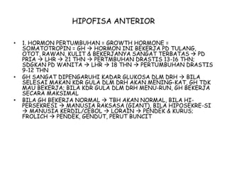 HIPOFISA ANTERIOR
• 1. HORMON PERTUMBUHAN = GROWTH HORMONE =
SOMATOTROPIN = GH  HORMON INI BEKERJA PD TULANG,
OTOT, RAWAN, KULIT & BEKERJANYA SANGAT TERBATAS  PD
PRIA  LHR  21 THN  PERTMBUHAN DRASTIS 13-16 THN;
SDGKAN PD WANITA  LHR  18 THN  PERTUMBUHAN DRASTIS
9-12 THN
• GH SANGAT DIPENGARUHI KADAR GLUKOSA DLM DRH  BILA
SELESAI MAKAN KDR GULA DLM DRH AKAN MENING-KAT, GH TDK
MAU BEKERJA; BILA KDR GULA DLM DRH MENU-RUN, GH BEKERJA
SECARA MAKSIMAL
• BILA GH BEKERJA NORMAL  TBH AKAN NORMAL, BILA HI-
PERSEKRESI  MANUSIA RAKSASA (GIANT), BILA HIPOSEKRE-SI
 MANUSIA KERDIL/CEBOL  LORAIN  PENDEK & KURUS;
FROLICH  PENDEK, GENDUT, PERUT BUNCIT
 