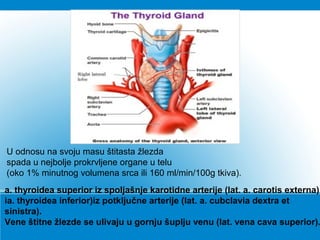 a. thyroidea superior iz spoljašnje karotidne arterije (lat. a. carotis externa)
ia. thyroidea inferior)iz potključne arterije (lat. a. cubclavia dextra et
sinistra).
Vene štitne žlezde se ulivaju u gornju šuplju venu (lat. vena cava superior).
U odnosu na svoju masu štitasta žlezda
spada u nejbolje prokrvljene organe u telu
(oko 1% minutnog volumena srca ili 160 ml/min/100g tkiva).
 