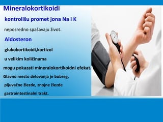 Mineralokortikoidi
kontrolišu promet jona Na i K
neposredno spašavaju život.
Aldosteron
glukokortikoidi,kortizol
u velikim količinama
mogu pokazati mineralokortikoidni efekat.
Glavno mesto delovanja je bubreg,
pljuvačne žlezde, znojne žlezde
gastrointestinalni trakt.
 