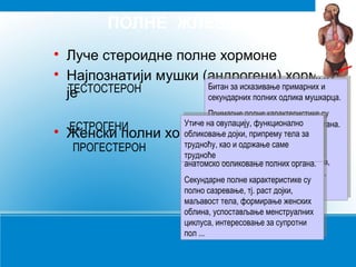 ПОЛНЕ ЖЛЕЗДЕ





Луче стероидне полне хормоне
Најпознатији мушки (андрогени) примарних и
хормон
Битанза исказивање примарних и
за исказивање
Битан
ТЕСТОСТЕРОН
секундарних полних одлика мушкарца.
је
секундарних полних одлика мушкарца.
ЕСТРОГЕНИ

Примарне полне карактеристике су
Примарне полне карактеристике су
Утиче анатомско обликовање полних органа.
на овулацију, примарних
анатомско обликовање полних
Утичу на исказивањепримарних ии
Утиче на исказивање функционално органа.
Утичу на овулацију, функционално
обликовање дојки, припремутела за
секундарних полниходлика жене.су
одлика тела
обликовање дојки, припремужене. за
секундарних полних полнеодлике су
Секундарнеполне саме
Секундарне
трудноћу,као ииодржање саме
као одржање одлике
трудноћу,
интензиван раст тела, увећање
Примарне полне карактеристике су
интензиван раст тела, увећање
трудноће
Примарне полне карактеристике су
трудноће
мишићне масе, полних боја гласа,
анатомско обликовањепроменабоја гласа,
мишићне масе, полних органа.
анатомско обликовањепроменаоргана.
маљавост тела, стварање сперме,
маљавост тела, стварање сперме,
Секундарнеполне карактеристике су
Секундарне полне карактеристикепол,
интересовањеза супротни пол,
за супротни су
полно интересовање раст дојки,...
сазревање, тј.
полно сазревање, тј. раст дојки,...
израженија агресивност
израженија агресивност
маљавост тела, формирање женских
маљавост тела, формирање женских
облина, успостављање менструалних
облина, успостављање менструалних
циклуса, интересовање за супротни
циклуса, интересовање за супротни
пол ...
пол ...

Женски полни хормони су
ПРОГЕСТЕРОН

 