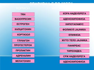 СПАРИВАЊЕ ПОЈМОВА
ХОРМОН

МЕСТО ЛУЧЕЊА

TRH

КОРА НАДБУБРЕГА

ВАЗОПРЕСИН

АДЕНОХИПОФИЗА

ЕСТРОГЕН

ХИПОТАЛАМУС

КАЛЦИТОНИН

ФОЛИКУЛ ЈАЈНИКА

КОРТИЗОЛ

ЕПИФИЗА

ГЛУКАГОН

ЖУТО ТЕЛО ЈАЈНИКА

ПРОГЕСТЕРОН

ПАНКРЕАС

ПРОЛАКТИН

ТИРЕОИДЕА

АДРЕНАЛИН

СРЖ НАДБУБРЕГА

МЕЛАТОНИН

АДЕНОХИПОФИЗА

 