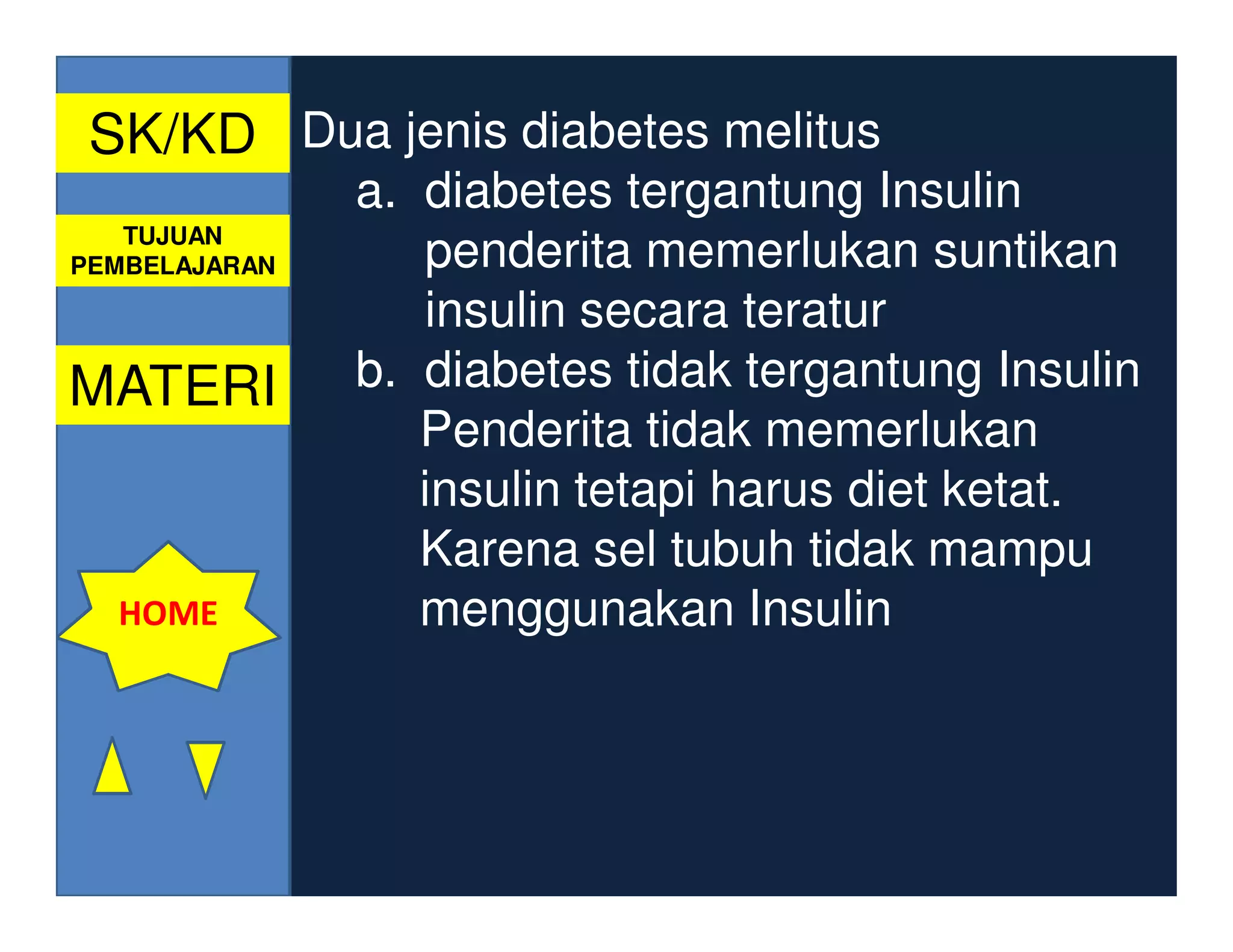SK/KD Dua jenis diabetes melitus
               a. diabetes tergantung Insulin
   TUJUAN
PEMBELAJARAN      penderita memerlukan suntikan
                  insulin secara teratur
MATERI         b. diabetes tidak tergantung Insulin
                  Penderita tidak memerlukan
                  insulin tetapi harus diet ketat.
                  Karena sel tubuh tidak mampu
  HOME            menggunakan Insulin
 