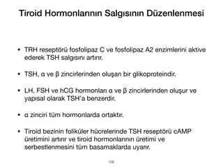 • TRH reseptörü fosfolipaz C ve fosfolipaz A2 enzimlerini aktive
ederek TSH salgısını artırır.
• TSH, α ve β zincirlerinden oluşan bir glikoproteindir.
• LH, FSH ve hCG hormonları α ve β zincirlerinden oluşur ve
yapısal olarak TSH’a benzerdir.
• α zinciri tüm hormonlarda ortaktır.
• Tiroid bezinin foliküler hücrelerinde TSH reseptörü cAMP
üretimini artırır ve tiroid hormonlarının üretimi ve
serbestlenmesini tüm basamaklarda uyarır.
Tiroid Hormonlarının Salgısının Düzenlenmesi
106
 