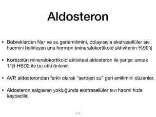 Aldosteron
• Böbreklerden Na+ ve su geriemilimini, dolayısıyla ekstrasellüler sıvı
hacmini belirleyen ana hormon (mineralokortikoid aktivitenin %90’ı)
• Kortizolün mineralokortikoid aktivitesi aldosteron ile yarışır, ancak
11β-HSD2 ile bu etki önlenir.
• AVP, aldosterondan farklı olarak “serbest su” geri emilimini düzenler.
• Aldosteron salgısının yokluğunda ekstrasellüler sıvı hacmi hızla
kaybedilir.
117
 