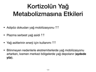 Kortizolün Yağ
Metabolizmasına Etkileri
• Adipöz dokudan yağ mobilizasyonu ↑↑
• Plazma serbest yağ asidi ↑↑
• Yağ asitlerinin enerji için kullanımı ↑↑
• Bilinmeyen nedenlerle ekstremiterlerde yağ mobilizasyonu
artarken, kısmen merkezi bölgelerde yağ depolanır (aydede
yüz).
124
 