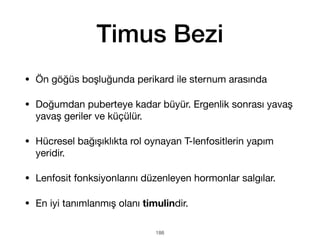 Timus Bezi
• Ön göğüs boşluğunda perikard ile sternum arasında
• Doğumdan puberteye kadar büyür. Ergenlik sonrası yavaş
yavaş geriler ve küçülür.
• Hücresel bağışıklıkta rol oynayan T-lenfositlerin yapım
yeridir.
• Lenfosit fonksiyonlarını düzenleyen hormonlar salgılar.
• En iyi tanımlanmış olanı timulindir.
188
 