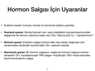 • Endokrin bezler humoral, sinirsel ve hormonal yollarla uyarılırlar.
• Humoral uyaran: Kanda bulunan iyon veya maddelerin konsantrasyonundaki
değişimler ile hormon salımına neden olur. Örn. Plazma [Ca2+]↓→ parathormon↑
• Sinirsel uyaran: Endokrin salgıyı kontrol eden bazı bezler doğrudan sinir
sonlanmaları tarafından kontrol edilir. Örn. adrenal medulla
• Hormonal uyaran: Bir hormon salgısının, başka bir hormon salgısını kontrol
etmesidir. Örn. hipotalamustan TRH salgısı→hipo
fi
zden TSH→tiroid bezinden
tiroid hormonlarının salgısı
Hormon Salgısı İçin Uyaranlar
20
 