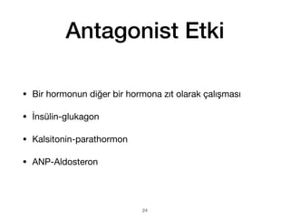 Antagonist Etki
• Bir hormonun diğer bir hormona zıt olarak çalışması
• İnsülin-glukagon
• Kalsitonin-parathormon
• ANP-Aldosteron
24
 