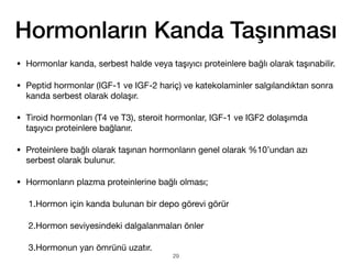 Hormonların Kanda Taşınması
• Hormonlar kanda, serbest halde veya taşıyıcı proteinlere bağlı olarak taşınabilir.
• Peptid hormonlar (IGF-1 ve IGF-2 hariç) ve katekolaminler salgılandıktan sonra
kanda serbest olarak dolaşır.
• Tiroid hormonları (T4 ve T3), steroit hormonlar, IGF-1 ve IGF2 dolaşımda
taşıyıcı proteinlere bağlanır.
• Proteinlere bağlı olarak taşınan hormonların genel olarak %10’undan azı
serbest olarak bulunur.
• Hormonların plazma proteinlerine bağlı olması;
1.Hormon için kanda bulunan bir depo görevi görür
2.Hormon seviyesindeki dalgalanmaları önler
3.Hormonun yarı ömrünü uzatır.
29
 