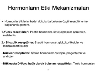 Hormonların Etki Mekanizmaları
• Hormonlar etkilerini hedef dokularda bulunan özgül reseptörlerine
bağlanarak gösterir.
1.Yüzey reseptörleri: Peptid hormonlar, katekolaminler, serotonin,
melatonin
2.- Sitozolik reseptörler: Steroit hormonlar: glukokortikoidler ve
mineralokortikoidler
- Nükleer reseptörler: Steroit hormonlar: östrojen, progesteron ve
androjen
- Nükleusta DNA’ya bağlı olarak bulunan reseptörler: Tiroid hormonları
31
 
