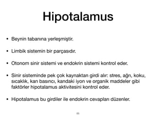 Hipotalamus
• Beynin tabanına yerleşmiştir.
• Limbik sistemin bir parçasıdır.
• Otonom sinir sistemi ve endokrin sistemi kontrol eder.
• Sinir sisteminde pek çok kaynaktan girdi alır: stres, ağrı, koku,
sıcaklık, kan basıncı, kandaki iyon ve organik maddeler gibi
faktörler hipotalamus aktivitesini kontrol eder.
• Hipotalamus bu girdiler ile endokrin cevapları düzenler.
65
 