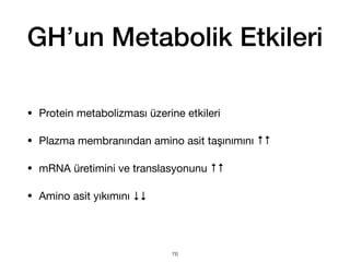 GH’un Metabolik Etkileri
• Protein metabolizması üzerine etkileri
• Plazma membranından amino asit taşınımını ↑↑
• mRNA üretimini ve translasyonunu ↑↑
• Amino asit yıkımını ↓↓
76
 