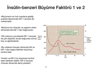 •Büyümenin en hızlı meydana geldiği
puberte döneminde IGF-1 seviyesi de
maksimaldir.
•Büyüme hızı intrauter ve yaşamın erken
dönemlerinde IGF-1’den bağımsızdır.
•GH yoksunu çocuklarda IGF-1 seviyesi
de çok düşüktür ancak doğumda normal
boy ve ağırlıktadırlar.
•Bu nedenle intrauter dönemde GH ve
IGF-1’den başka faktörler büyümeyi
kontrol eder.
•İnsülin ve IGF-2 bu büyümeyi kontrol
eden faktörler olabilir. IGF-2 seviyesi
intrauter dönemde daha yüksektir.
İnsülin-benzeri Büyüme Faktörü 1 ve 2
82
 