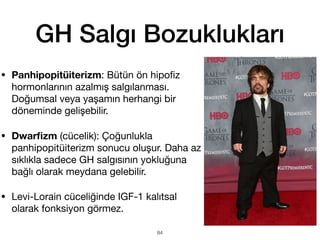 GH Salgı Bozuklukları
• Panhipopitüiterizm: Bütün ön hipo
fi
z
hormonlarının azalmış salgılanması.
Doğumsal veya yaşamın herhangi bir
döneminde gelişebilir.
• Dwar
fi
zm (cücelik): Çoğunlukla
panhipopitüiterizm sonucu oluşur. Daha az
sıklıkla sadece GH salgısının yokluğuna
bağlı olarak meydana gelebilir.
• Levi-Lorain cüceliğinde IGF-1 kalıtsal
olarak fonksiyon görmez.
84
 