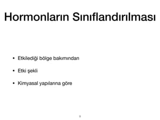 Hormonların Sını
fl
andırılması
• Etkilediği bölge bakımından
• Etki şekli
• Kimyasal yapılarına göre
9
 