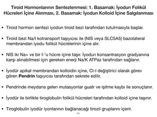 • Tiroid hormon sentezi iyodun tiroid bezi tarafından tutulmasıyla başlar.
• Tiroid bezi Na/I kotransport taşıyıcısı ile (NIS veya SLC5A5) bazolateral
membrandan iyodu folikül hücrelerinin içine alır.
• NIS iki Na+ ve bir I-’u hücre içine taşır. İyodun konsantrasyon gradyanına
karşı alınabilmesi için gereken enerji Na/K ATPaz tarafından sağlanır.
• İyodür apikal membrandan kolloidin içine, Cl-I değiştirici olarak görev
gören Pendrin taşıyıcısı tarafından sekrete edilir.
• Pendrinde meydana gelen mutasyonlar guatr ve işitme kaybı ile sonuçlanır.
• İyodür ile birlikte tiroglobulin folikül hücreleri tarafından kolloid içine taşınır.
• Tiroglobulin iyodür iyonlarının bağlanacağı tirozil gruplarını içerir.
Tiroid Hormonlarının Sentezlenmesi: 1. Basamak: İyodun Folikül
Hücreleri İçine Alınması, 2. Basamak: İyodun Kolloid İçine Salgılanması
91
 