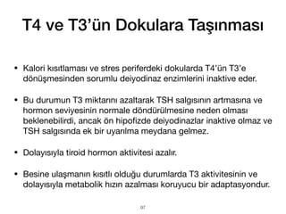 • Kalori kısıtlaması ve stres periferdeki dokularda T4’ün T3’e
dönüşmesinden sorumlu deiyodinaz enzimlerini inaktive eder.
• Bu durumun T3 miktarını azaltarak TSH salgısının artmasına ve
hormon seviyesinin normale döndürülmesine neden olması
beklenebilirdi, ancak ön hipo
fi
zde deiyodinazlar inaktive olmaz ve
TSH salgısında ek bir uyarılma meydana gelmez.
• Dolayısıyla tiroid hormon aktivitesi azalır.
• Besine ulaşmanın kısıtlı olduğu durumlarda T3 aktivitesinin ve
dolayısıyla metabolik hızın azalması koruyucu bir adaptasyondur.
T4 ve T3’ün Dokulara Taşınması
97
 