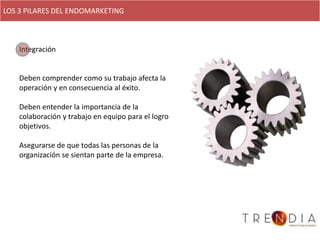 LOS 3 PILARES DEL ENDOMARKETING



    Integración


    Deben comprender como su trabajo afecta la
    operación y en consecuencia al éxito.

    Deben entender la importancia de la
    colaboración y trabajo en equipo para el logro
    objetivos.

    Asegurarse de que todas las personas de la
    organización se sientan parte de la empresa.
 