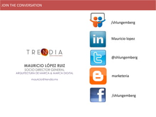 JOIN THE CONVERSATION



                                               /shlungemberg



                                               Mauricio lopez



                                               @shlungemberg

            MAURICIO LÓPEZ RUIZ
            SOCIO DIRECTOR GENERAL
       ARQUITECTURA DE MARCA & MARCA DIGITAL
                                               marketeria
                mauricio@trendia.mx




                                               /shlungemberg
 