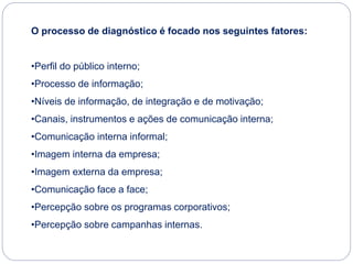 O processo de diagnóstico é focado nos seguintes fatores:
•Perfil do público interno;
•Processo de informação;
•Níveis de informação, de integração e de motivação;
•Canais, instrumentos e ações de comunicação interna;
•Comunicação interna informal;
•Imagem interna da empresa;
•Imagem externa da empresa;
•Comunicação face a face;
•Percepção sobre os programas corporativos;
•Percepção sobre campanhas internas.
 