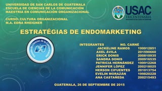 UNIVERSIDAD DE SAN CARLOS DE GUATEMALA
ESCUELA DE CIENCIAS DE LA COMUNICACIÓN
MAESTRIA EN COMUNICACIÓN ORGANIZACIONAL
CURSO: CULTURA ORGANIZACIONAL
M.A. EDNA RHEIGNER
ESTRATÉGIAS DE ENDOMARKETING
INTEGRANTES NO. CARNÉ
JACKELINE RAMOS 199912851
AXEL ÁVILA 201590660
ERICK DONIS 200810935
SANDRA DONIS 200916535
PATRICIA HERNÁNDEZ 199912268
JENNIFER LÓPEZ 200218025
HERSON CIFUENTES 201013754
EVELIN MORAZÁN 199820228
ANA CASTAÑEDA 200215493
GUATEMALA, 26 DE SEPTIEMBRE DE 2015
 