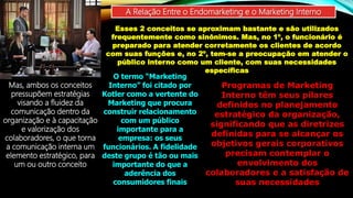 A Relação Entre o Endomarketing e o Marketing Interno
Esses 2 conceitos se aproximam bastante e são utilizados
frequentemente como sinônimos. Mas, no 1º, o funcionário é
preparado para atender corretamente os clientes de acordo
com suas funções e, no 2º, tem-se a preocupação em atender o
público interno como um cliente, com suas necessidades
específicas
Mas, ambos os conceitos
pressupõem estratégias
visando a fluidez da
comunicação dentro da
organização e à capacitação
e valorização dos
colaboradores, o que torna
a comunicação interna um
elemento estratégico, para
um ou outro conceito
O termo “Marketing
Interno” foi citado por
Kotler como a vertente do
Marketing que procura
construir relacionamento
com um público
importante para a
empresa: os seus
funcionários. A fidelidade
deste grupo é tão ou mais
importante do que a
aderência dos
consumidores finais
Programas de Marketing
Interno têm seus pilares
definidos no planejamento
estratégico da organização,
significando que as diretrizes
definidas para se alcançar os
objetivos gerais corporativos
precisam contemplar o
envolvimento dos
colaboradores e a satisfação de
suas necessidades
 