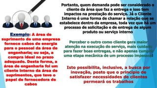 Portanto, quem demanda pode ser considerado o
cliente da área que faz a entrega e isso tem
impactos na prestação do serviço. Já́ o Cliente
Interno é uma forma de chamar a relação que se
estabelece dentro da empresa, toda vez que há́ um
processo de solicitação e de entrega de algum
produto ou serviço interno
Exemplo: A área de
suprimento de uma empresa
fornece cabos de energia
para o pessoal da área de
engenharia; ou seja, a
compra ideal no prazo
adequado. Desta forma, a
área de engenharia foi um
cliente interno da área de
suprimentos, que teve o
papel de fornecedora de
cabos
Perceber o outro como cliente gera maior
atenção na execução do serviço, mais cuidado
para fazer boas entregas, e não apenas cumprir
uma etapa mecânica de um processo impessoal
Isto possibilita, inclusive, a busca por
inovação, posto que o princípio de
satisfazer necessidades de clientes
permeará os trabalhos
 