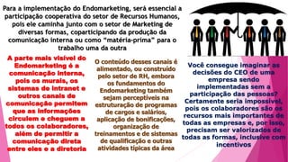 Para a implementação do Endomarketing, será essencial a
participação cooperativa do setor de Recursos Humanos,
pois ele caminha junto com o setor de Marketing de
diversas formas, coparticipando da produção da
comunicação interna ou como “matéria-prima” para o
trabalho uma da outra
A parte mais visível do
Endomarketing é a
comunicação interna,
pois os murais, os
sistemas de intranet e
outros canais de
comunicação permitem
que as informações
circulem e cheguem a
todos os colaboradores,
além de permitir a
comunicação direta
entre eles e a diretoria
O conteúdo desses canais é
alimentado, ou construído
pelo setor de RH, embora
os fundamentos do
Endomarketing também
sejam perceptíveis na
estruturação de programas
de cargos e salários,
aplicação de bonificações,
organização de
treinamentos e de sistemas
de qualificação e outras
atividades típicas da área
Você consegue imaginar as
decisões do CEO de uma
empresa sendo
implementadas sem a
participação das pessoas?
Certamente seria impossível,
pois os colaboradores são os
recursos mais importantes de
todas as empresas e, por isso,
precisam ser valorizados de
todas as formas, inclusive com
incentivos
 