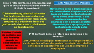 COMO ATRAIR E RETER TALENTOS
Atrair e reter talentos são preocupações das
quais se ocupam o departamento de RH e a
diretoria da organização Movimentos como a implementação
de Universidades Corporativas e de
áreas de Gestão do Conhecimento
estão sendo observados, o que
mostra a preocupação das
empresas com a criação, registro,
disseminação e apropriação de
conhecimento gerado pelas
pessoas
O Endomarketing contribui para estes
fins de diversas formas, embora, às
vezes, as ações que surtem maior efeito
estejam sob a decisão de áreas e de
gestores não diretamente relacionados
ao departamento
Existem 2 níveis
de contrato que
são firmados
quando os
colaboradores
entram na
empresa:
1º O Contrato Legal se refere aos benefícios e às
definidas
2ºO Contrato Psicológico: representa as crenças relativas
as obrigações mútuas das partes na relação de trabalho e
considera as expectativas dos 2 lados: empresa e
empregado
 