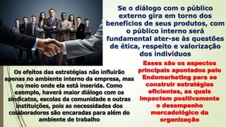 Se o diálogo com o público
externo gira em torno dos
benefícios de seus produtos, com
o público interno será
fundamental ater-se às questões
de ética, respeito e valorização
dos indivíduos
Esses são os aspectos
principais apontados pelo
Endomarketing para se
construir estratégias
eficientes, as quais
impactem positivamente
o desempenho
mercadológico da
organização
Os efeitos das estratégias não influirão
apenas no ambiente interno da empresa, mas
no meio onde ela está inserida. Como
exemplo, haverá maior diálogo com os
sindicatos, escolas da comunidade e outras
instituições, pois as necessidades dos
colaboradores são encaradas para além do
ambiente de trabalho
 