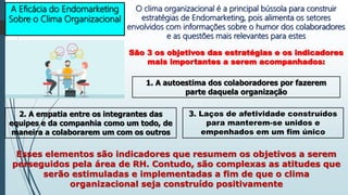 A Eficácia do Endomarketing
Sobre o Clima Organizacional
O clima organizacional é a principal bússola para construir
estratégias de Endomarketing, pois alimenta os setores
envolvidos com informações sobre o humor dos colaboradores
e as questões mais relevantes para estes
São 3 os objetivos das estratégias e os indicadores
mais importantes a serem acompanhados:
1. A autoestima dos colaboradores por fazerem
parte daquela organização
2. A empatia entre os integrantes das
equipes e da companhia como um todo, de
maneira a colaborarem um com os outros
3. Laços de afetividade construídos
para manterem-se unidos e
empenhados em um fim único
Esses elementos são indicadores que resumem os objetivos a serem
perseguidos pela área de RH. Contudo, são complexas as atitudes que
serão estimuladas e implementadas a fim de que o clima
organizacional seja construído positivamente
 