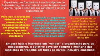 Capacitação dos funcionários é um dos objetivos do
Endomarketing, tanto em relação a suas funções quanto
valores, regras e princípios que constituem a cultura
organizacional
Para isso, é necessário
elaborar meios de
comunicação e
treinamentos eficazes
em conjunto com os
setores que mais
precisem desse tipo de
abordagem
A motivação e o engajamento
nortearão os trabalhos dessa
área. O 1º desafio é apresentar
os princípios do Endomarketing
como relevantes para toda a
empresa, apresentando-os
como um compromisso ao qual
todas as áreas devem aderir
Ao compreender os
desafios das mais
diversas áreas e sentir-
se parte de um todo, os
colaboradores atuarão
de forma sinérgica,
unindo forças para um
único fim
Embora haja o interesse em “vender” a organização para os
colaboradores, o objetivo deve ser sempre a melhoria das
condições de trabalho em todos os níveis, inclusive emocional
 