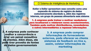 O Sistema de Inteligência de Marketing
Kotler e Keller apresentam esse conceito como uma
expansão do sistema de registro de dados
costumeiramente abordado e, além dos registros
internos, um grupo de pessoas alimentaria esse sistema
1. A empresa pode treinar e motivar vendedores
para localizarem e relatarem novos acontecimentos.
Também pode motivar distribuidores, revendedores
e outros intermediários a repassar informações
2. A empresa pode conhecer
melhor a concorrência e
criar um painel consultivo
de clientes. Além disso, ela
pode tirar proveito de fontes
de dados governamentais
3. A empresa pode comprar
informações de fornecedores
externos, pode oferecer ao cliente
sistemas de feedback on-line e,
assim, coletar informações de
marketing
 