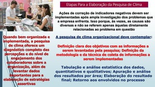Etapas Para a Elaboração da Pesquisa de Clima
Ações de correção de indicadores negativos devem ser
implementadas após ampla investigação dos problemas que
a empresa enfrenta. Isso porque, às vezes, as causas são
diversas e não se referem apenas àquelas diretamente
relacionadas ao problema em questão
Quando bem organizada e
implementada, a pesquisa
de clima oferece um
diagnóstico completo das
percepções e do nível de
engajamento dos
colaboradores sobre a
organização, além de
levantar dados
importantes para a
elaboração de estratégias
assertivas
A pesquisa de clima organizacional deve contemplar:
Definição clara dos objetivos com as informações a
serem levantadas pela pesquisa; Definição da
metodologia e da técnica de coleta de informações a
serem implementadas
Tabulação e análise estatística dos dados,
quantitativos e qualitativos; Apuração e análise
dos resultados por área; Elaboração do resultado
final; Retorno aos envolvidos no processo
 