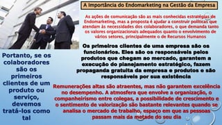 A Importância do Endomarketing na Gestão da Empresa
As ações de comunicação são as mais conhecidas estratégias de
Endomarketing, mas a proposta é ajudar a construir políticas que
atendam às necessidades dos colaboradores, o que demanda tanto
os valores organizacionais adequados quanto o envolvimento de
vários setores, principalmente o de Recursos Humanos
Os primeiros clientes de uma empresa são os
funcionários. Eles são os responsáveis pelos
produtos que chegam ao mercado, garantem a
execução do planejamento estratégico, fazem
propaganda gratuita da empresa e produtos e são
responsáveis por sua existência
Portanto, se os
colaboradores
são os
primeiros
clientes de um
produto ou
serviço,
devemos
tratá-los como
tal
Remunerações altas são atraentes, mas não garantem excelência
no desempenho. A atmosfera que envolve a organização, o
companheirismo entre colegas, a possibilidade de crescimento e
o sentimento de valorização são bastante relevantes quando se
analisa o mercado de trabalho, espaço em que as pessoas
passam mais da metade do seu dia
 