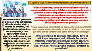 Ações e Suas Funções no Planejamento de Endomarketing
Nesse momento, deve-se ter mapeado todos os
canais existentes para iniciar a comunicação com o
público interno. Importante dizer que todos os
colaboradores precisam ser expostos às
informações, ainda que as especificidades da
mensagem exijam estruturas que nem sempre
estão disponíveis ao público
Alinhamento com premissas
do planejamento estratégico,
além da missão, visão e
valores da empresa, são
fundamentais, pois serão o
norte do plano já que
apresentam o que é
esperado no longo prazo. A
área de Serviços Gerais, por
exemplo, pode não ter um
computador para acessar a
intranet ou outro tipo de
mensagem
Nesse caso, deve ser incluída na campanha verba suficiente
para implantar outros canais viáveis a públicos como esse
que está sendo apresentado como exemplo de limitação
Antes da criação de qualquer mensagem, deve-se
definir que linguagem será utilizada. Formal ou
informal? Quais tipos de palavras devem constar e
quais serão evitadas? Haverá tom de intimidade ou
não? O emissor será a própria empresa, diretoria ou
presidência?
 