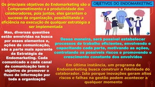 OBJETIVOS DO ENDOMARKETING
Os principais objetivos do Endomarketing são o
Comprometimento e a produtividade dos
colaboradores, pois juntos, eles garantem o
sucesso da organização, possibilitando a
eficiência na execução de qualquer estratégia a
ser implementada
Mas, diversas questões
estão envolvidas na busca
por esses elementos e,
ações de comunicação,
são a parte mais aparente
da Estratégia de
Endomarketing. Cada
comunicado e cada canal
de comunicação tem o
objetivo de promover o
fluxo de informação por
toda a organização
Dessa maneira, será possível estabelecer
processos de trabalho eficientes, envolvendo e
capacitando cada parte, motivando as ações,
controlando os possíveis riscos e promovendo o
crescimento constante dos envolvidos
Em última instância, um programa de
Endomarketing busca construir a fidelidade do
colaborador. Isto porque inovações geram altos
riscos e falhas na gestão podem acontecer a
qualquer momento
 
