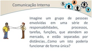 Comunicação Interna
Imagine um grupo de pessoas
envolvidas em uma série de
responsabilidades, processos,
tarefas, funções, que atendem ao
mercado, e estão separadas por
distâncias...Como um isto poderia
funcionar de forma única?
 