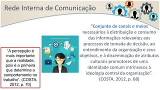 Rede Interna de Comunicação
“Conjunto de canais e meios
necessários à distribuição e consumo
das informações relevantes aos
processos de tomada de decisão, ao
entendimento da organização e seus
objetivos, e à disseminação de atributos
culturais promotores de uma
identidade comum intrínsecos à
ideologia central da organização”.
(COSTA, 2012, p. 68)
“A percepção é
mais importante
que a realidade,
pois é a primeira
que determina o
comportamento no
trabalho”. (COSTA,
2012, p. 70)
 