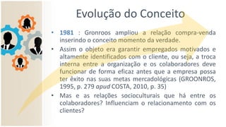 Evolução do Conceito
• 1981 : Gronroos ampliou a relação compra-venda
inserindo o conceito momento da verdade.
• Assim o objeto era garantir empregados motivados e
altamente identificados com o cliente, ou seja, a troca
interna entre a organização e os colaboradores deve
funcionar de forma eficaz antes que a empresa possa
ter êxito nas suas metas mercadológicas (GROONROS,
1995, p. 279 apud COSTA, 2010, p. 35)
• Mas e as relações socioculturais que há entre os
colaboradores? Influenciam o relacionamento com os
clientes?
 