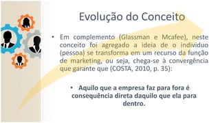 Evolução do Conceito
• Em complemento (Glassman e Mcafee), neste
conceito foi agregado a ideia de o individuo
(pessoa) se transforma em um recurso da função
de marketing, ou seja, chega-se à convergência
que garante que (COSTA, 2010, p. 35):
• Aquilo que a empresa faz para fora é
consequência direta daquilo que ela para
dentro.
 