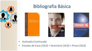 Bibliografia Básica
• Avaliação Continuada
• Estudos de Caso (10,0) + Seminário (10,0) + Prova (10,0)
 