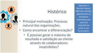 Histórico
• Principal motivação: Processo
natural das organizações.
• Como encontrar a diferenciação?
• É possível gerar o máximo de
resultado e satisfação ao cliente
através de colaboradores
insatisfeitos?
Segundo a
Revista Exame,
68% dos clientes
abandonam as
empresas
motivados por
uma má
experiência
junto a um
funcionário.
 